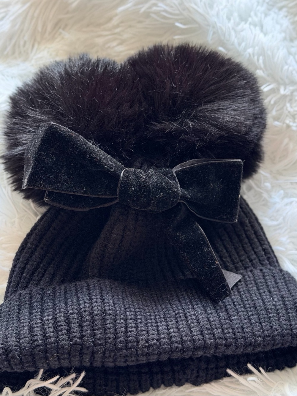 Black Pom Pom Knit Beanie with Velvet Bow - Baby Accessories 0-9 months